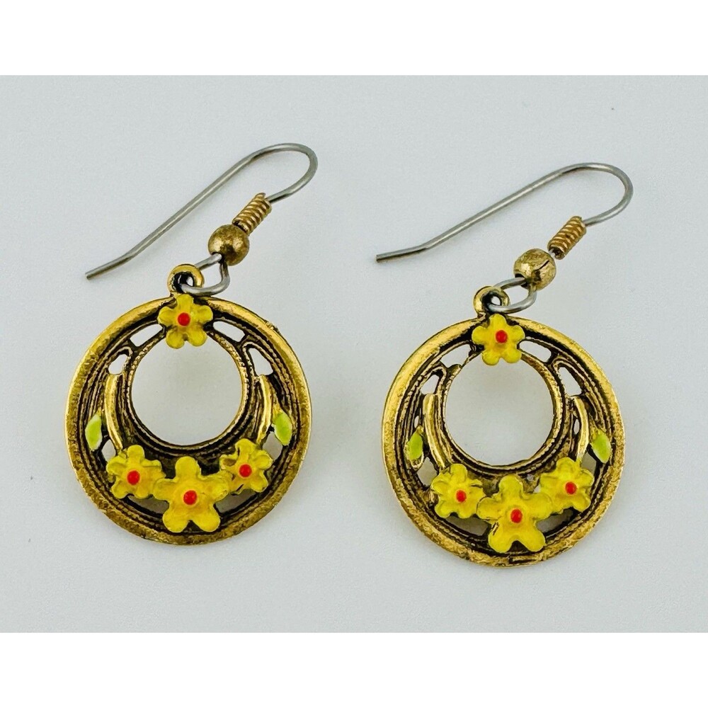 Vintage Arthur Pepper ART Enamel Yellow Flower Hoop Earrings 1.5” Drop Signed